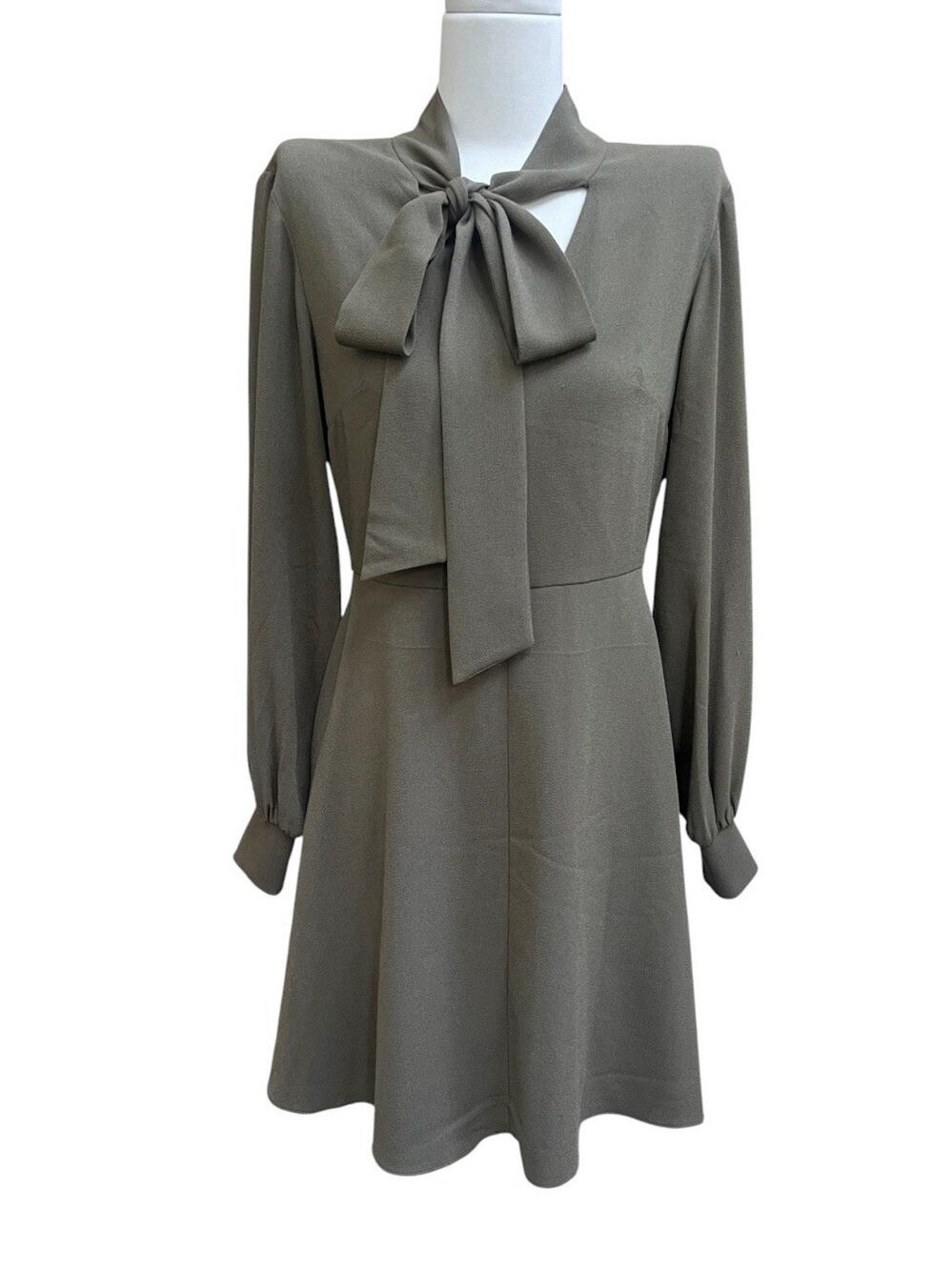 Tibi Sage Green A Line Fit Flare Dress Long Balloon Slv Bow Tie Sz 2 Neutral